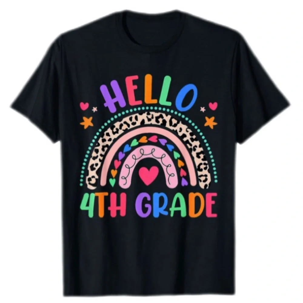 ๐ HELLO 4th GRADE! Leopard Boho Rainbow 1st Day Of School T-Shirt Girls Tee - S - Picture 1 of 6